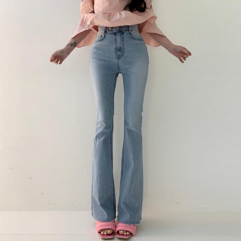 Spring Versatile High Waist Slimming Two-button Double Pocket Design Sense Slightly Flared Jeans Trousers For Women
