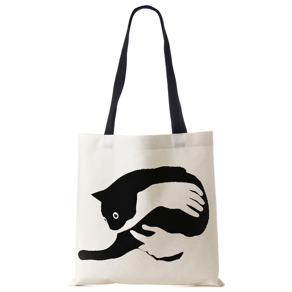 Black Cat Printed Linen Handbag