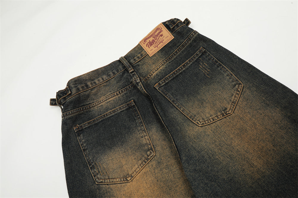 Contrast Color Washed Wide-leg Jeans Men