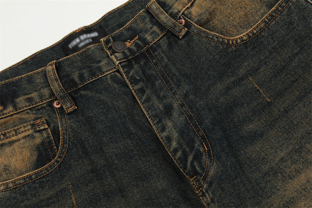 Contrast Color Washed Wide-leg Jeans Men