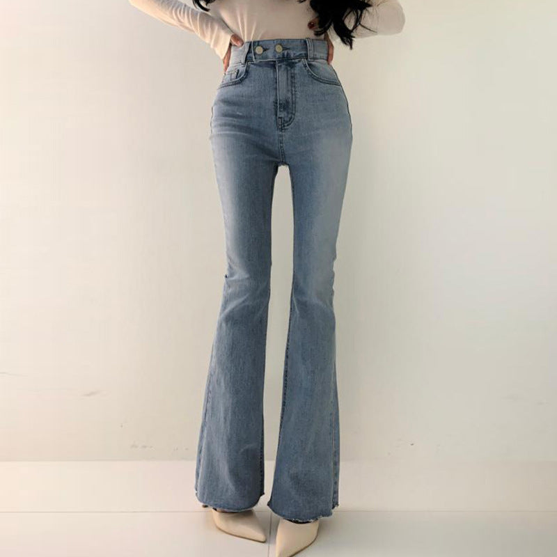 Spring Versatile High Waist Slimming Two-button Double Pocket Design Sense Slightly Flared Jeans Trousers For Women