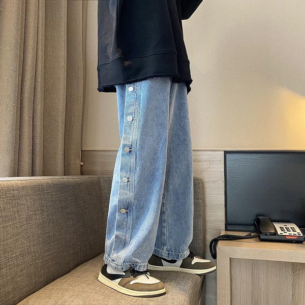 Personalized Side Breasted Pants Straight Leg Jeans Women