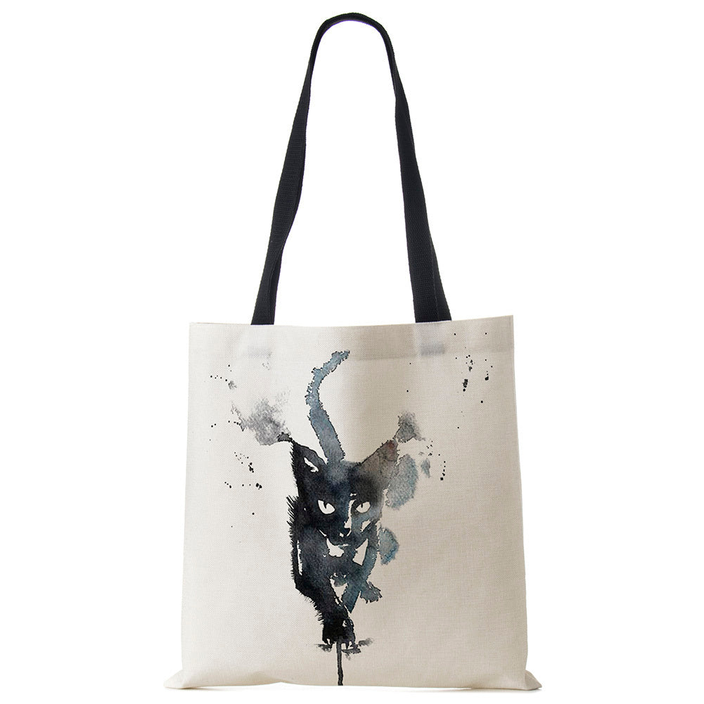 Black Cat Printed Linen Handbag