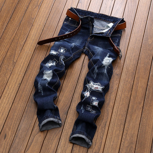 Embroidered Jeans Men's Straight Ripped Patch Men's Pants