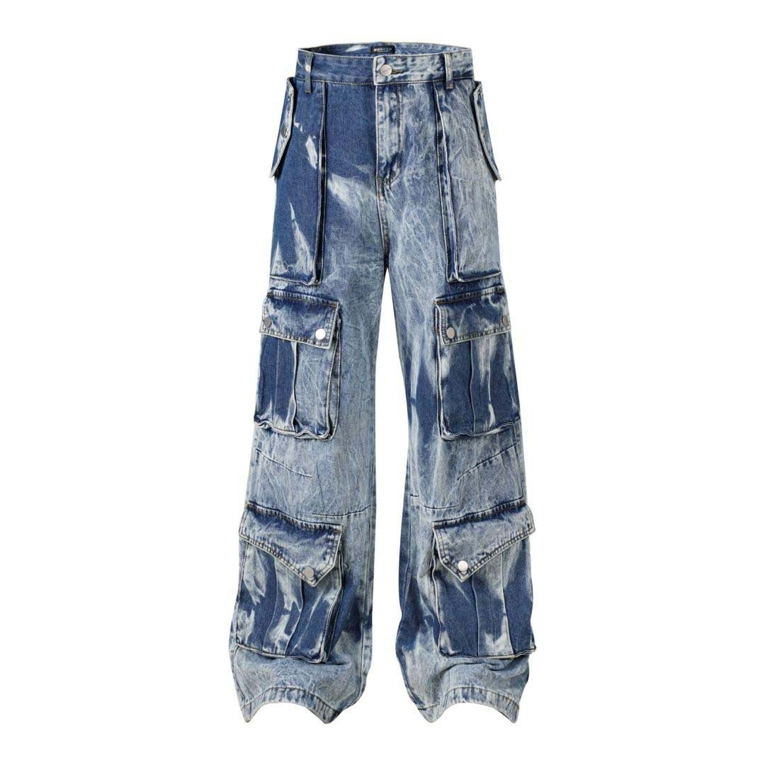 Retro Washed Distressed Tie-dye Multi-pocket Denim Overalls
