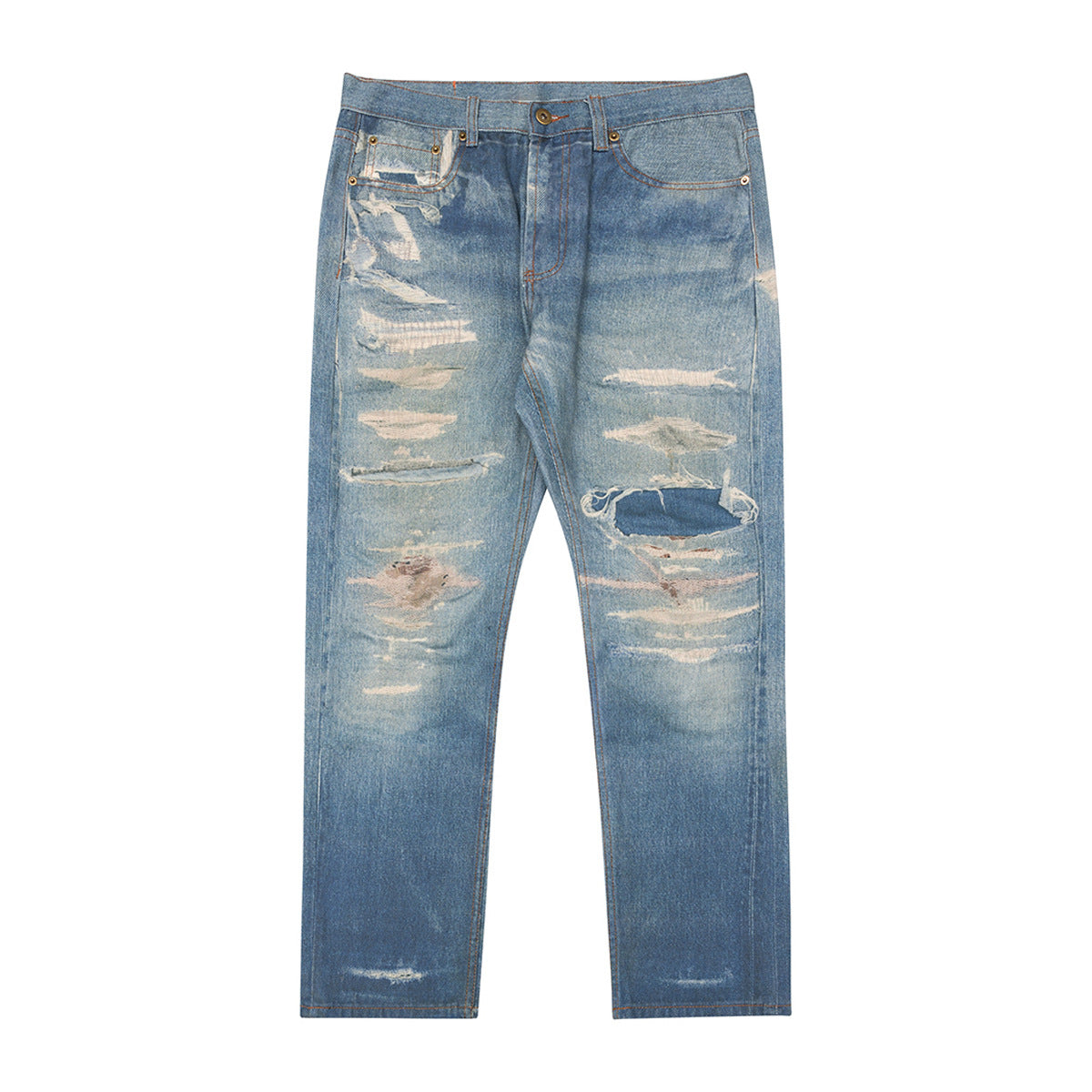 Digital Direct Injection Printing Vintage Washed Distressed Straight Jeans