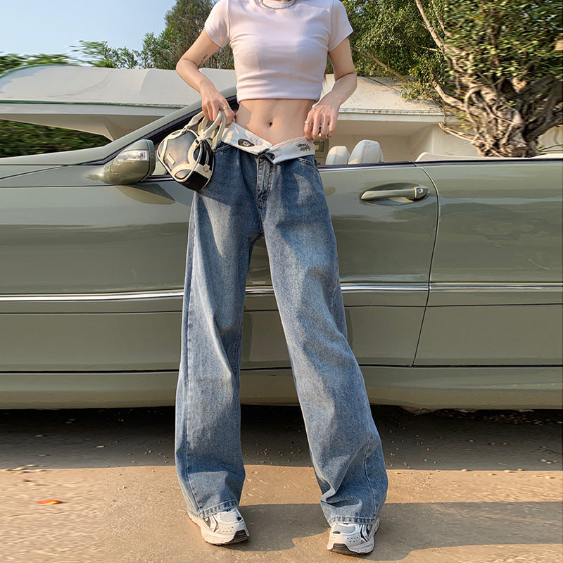 Niche Retro High Waist Flip All-match Draping Loose Straight Jeans For Women