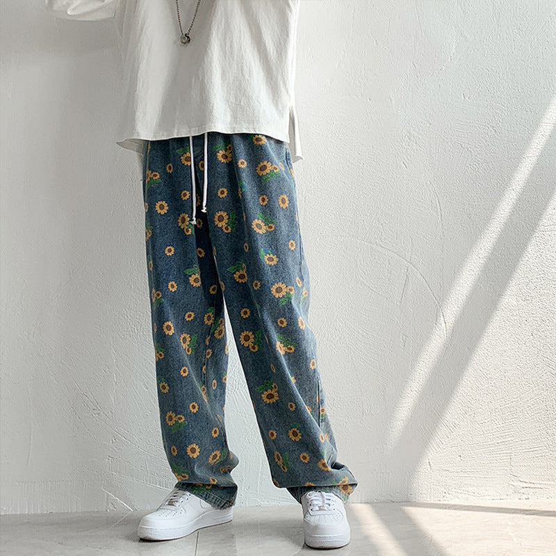 Small Daisy Flower Printed Pants Jeans Men