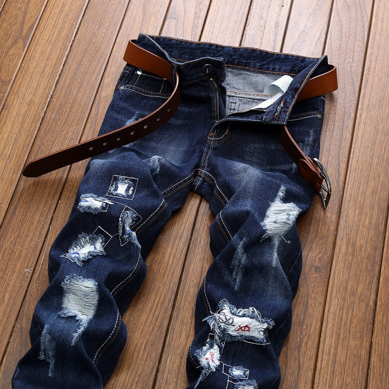 Embroidered Jeans Men's Straight Ripped Patch Men's Pants