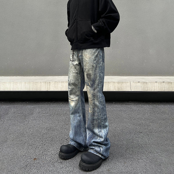 Men's Loose Wide-leg Pants Denim Dirty And Dyed With Waste Soil