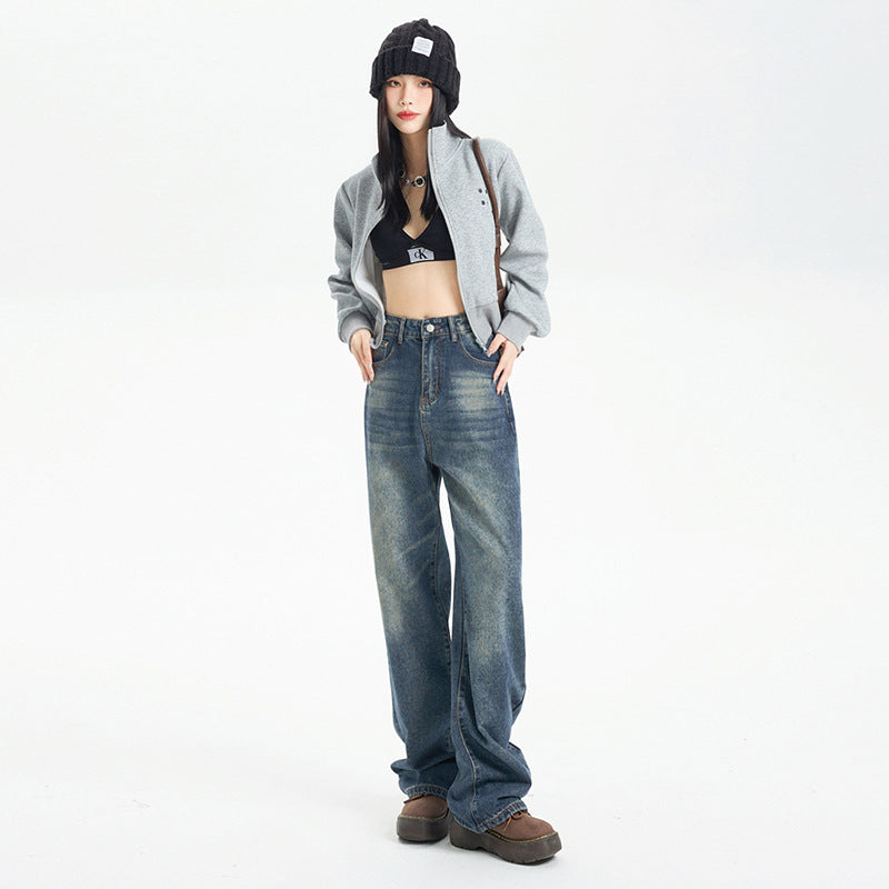 American Style Nostalgic Blue Wide Leg Jeans For Women