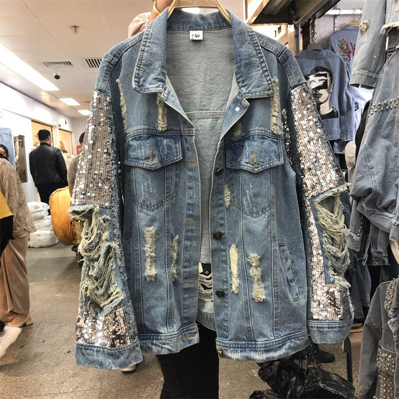 Heavy Industry Sequined Denim Jacket Women Loose