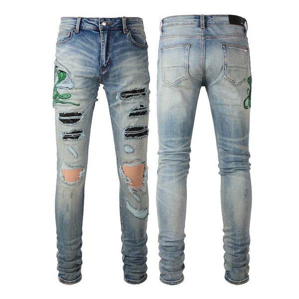 Pleated Color Matching Jeans Blue Embroidered Ripped Snakeskin Slim Fit Skinny Men
