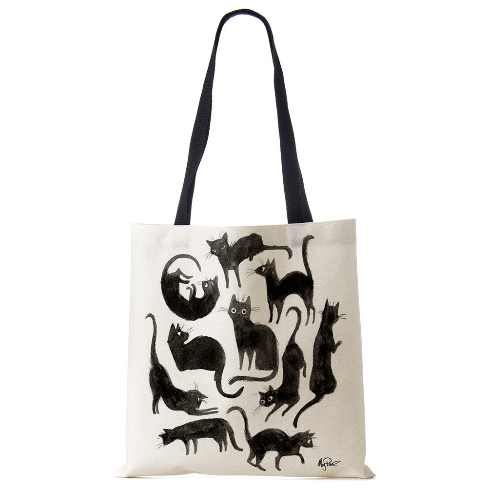 Black Cat Printed Linen Handbag