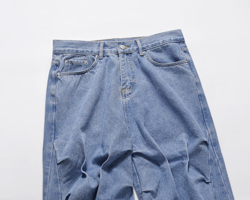 Retro Street Hip Hop Style Irregular Pleated Jeans