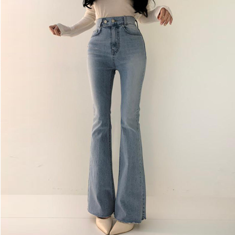 Spring Versatile High Waist Slimming Two-button Double Pocket Design Sense Slightly Flared Jeans Trousers For Women