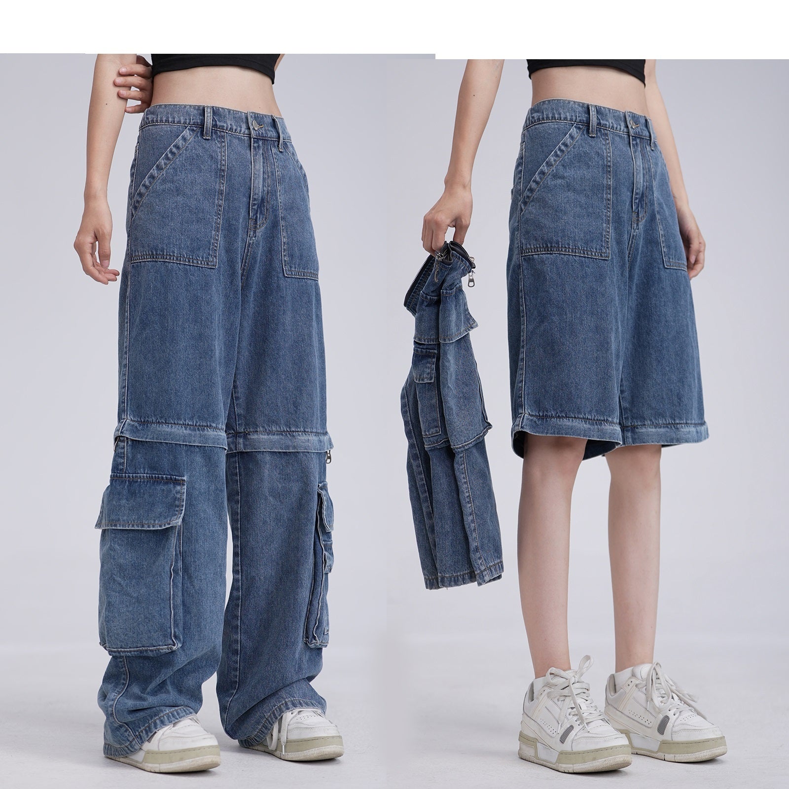 Two-way Detachable Tooling Style Worn Jeans Men And Women