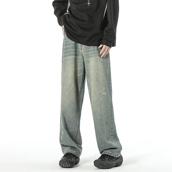 Retro Worn Looking Washed-out Green Blue Jeans For Men