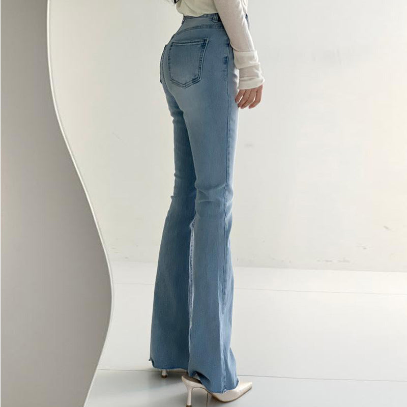 Spring Versatile High Waist Slimming Two-button Double Pocket Design Sense Slightly Flared Jeans Trousers For Women