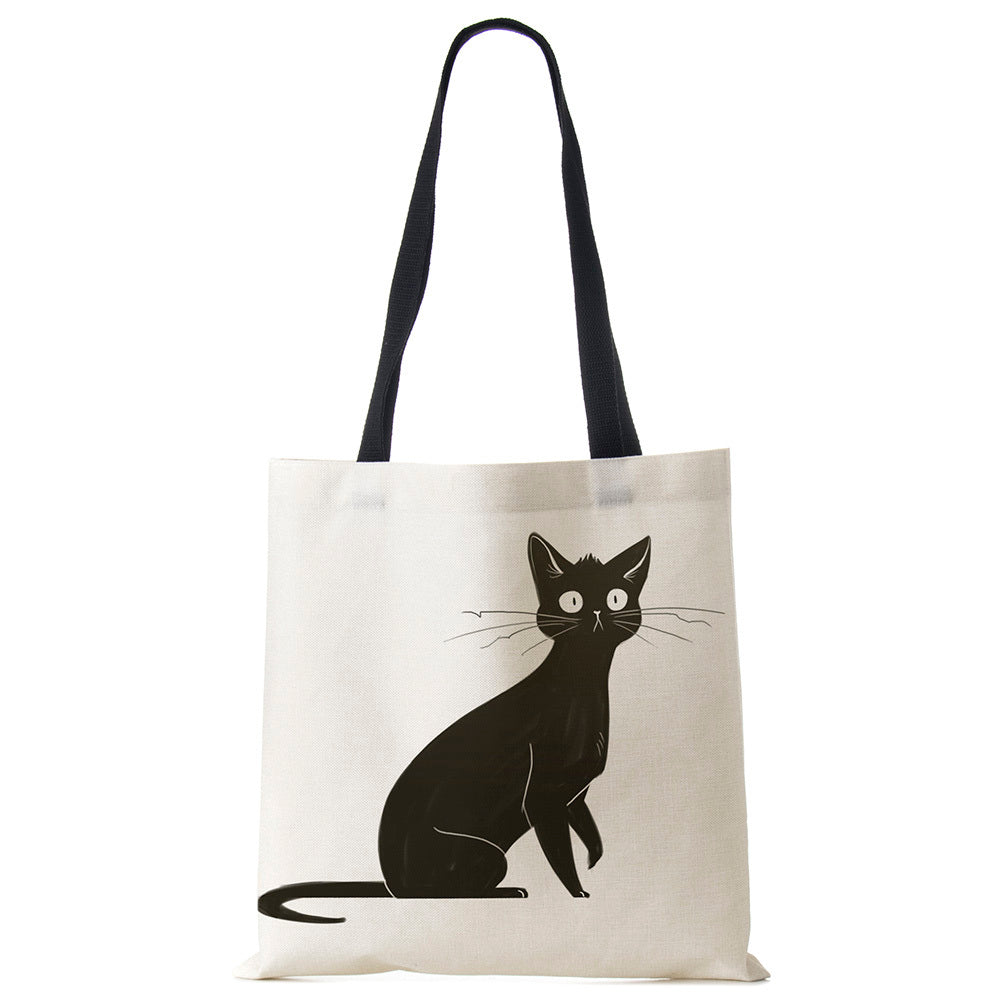 Black Cat Printed Linen Handbag