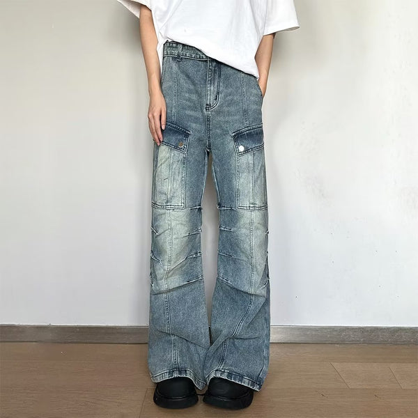 Retro High Street Vibe Design Workwear Washed Light Color Loose Jeans For Men