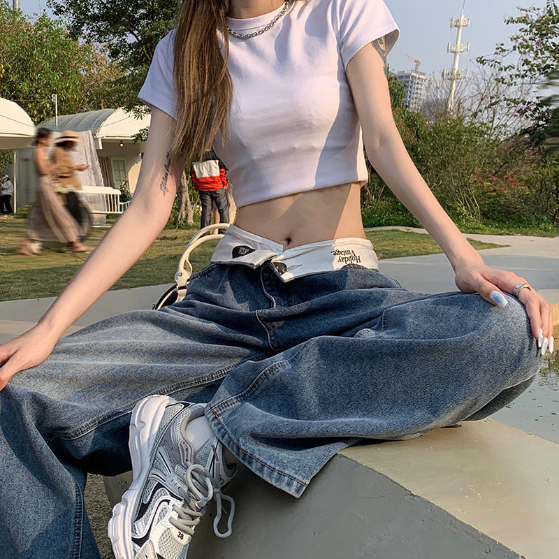 Niche Retro High Waist Flip All-match Draping Loose Straight Jeans For Women