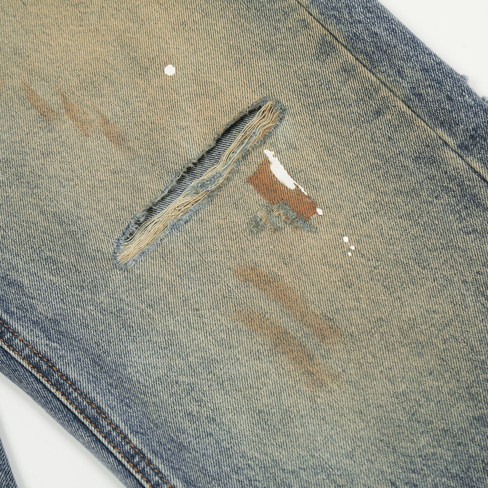 Yellow Mud Dyed Ripped Jeans For Men