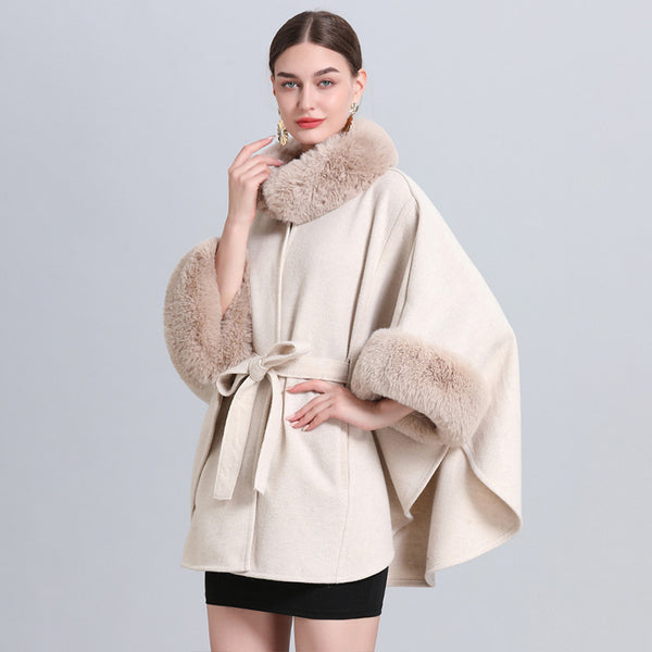 Rabbit Fur Collar Knitted Shawl Cape Lace-up Woolen Coat
