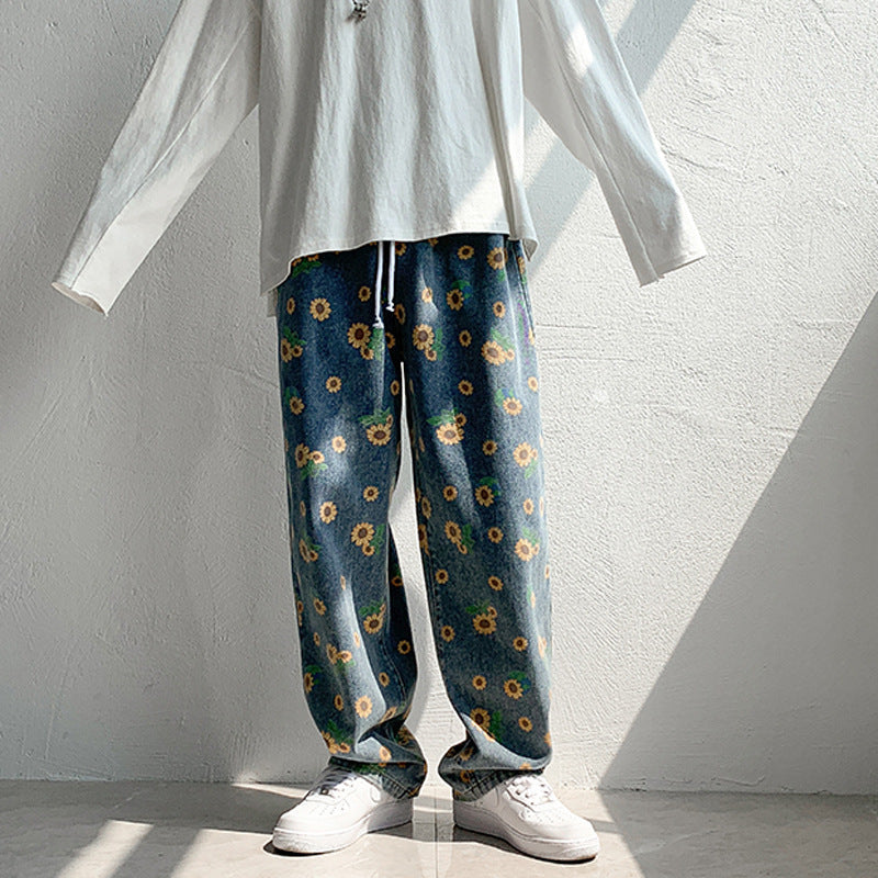 Small Daisy Flower Printed Pants Jeans Men