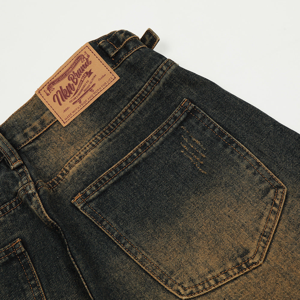 Contrast Color Washed Wide-leg Jeans Men