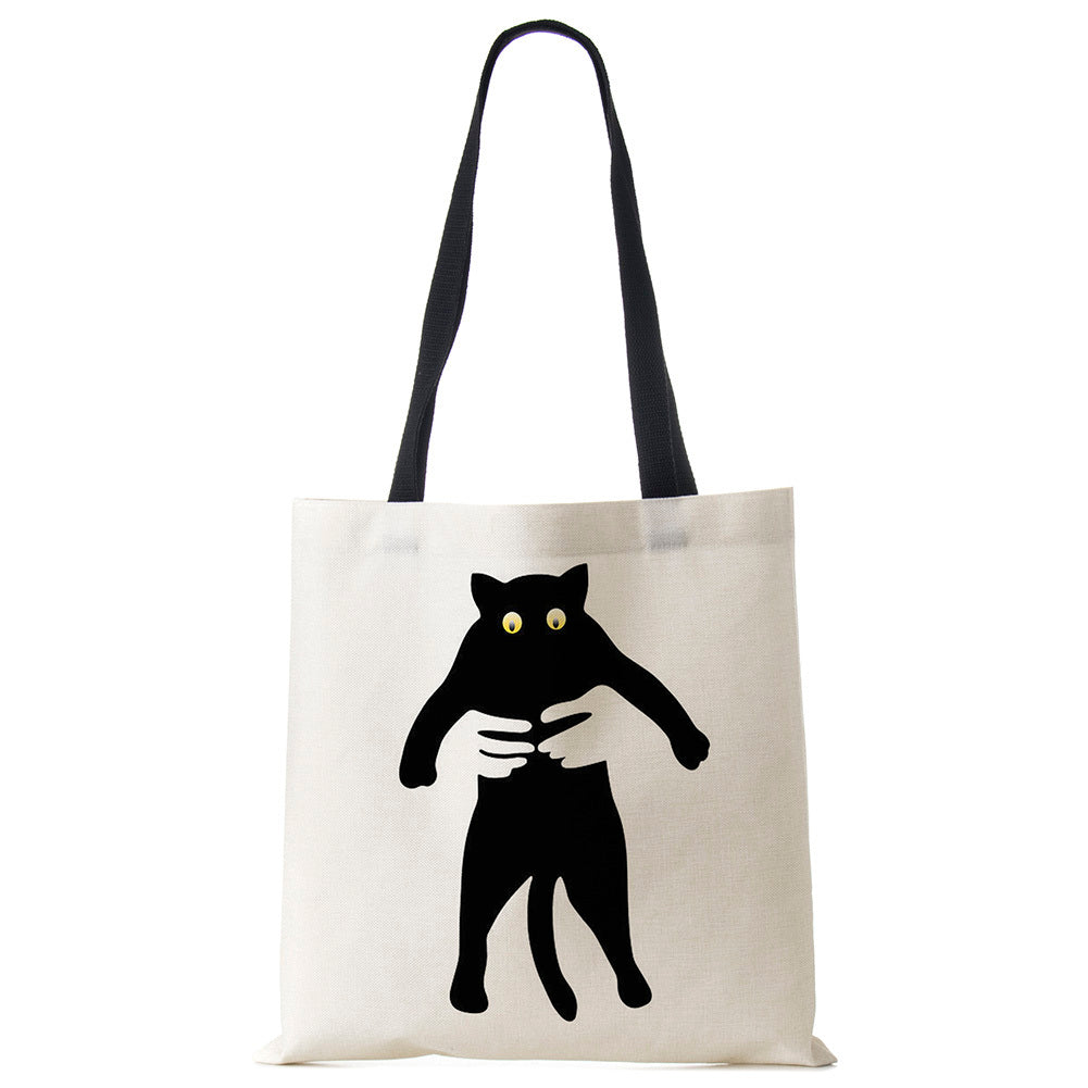 Black Cat Printed Linen Handbag