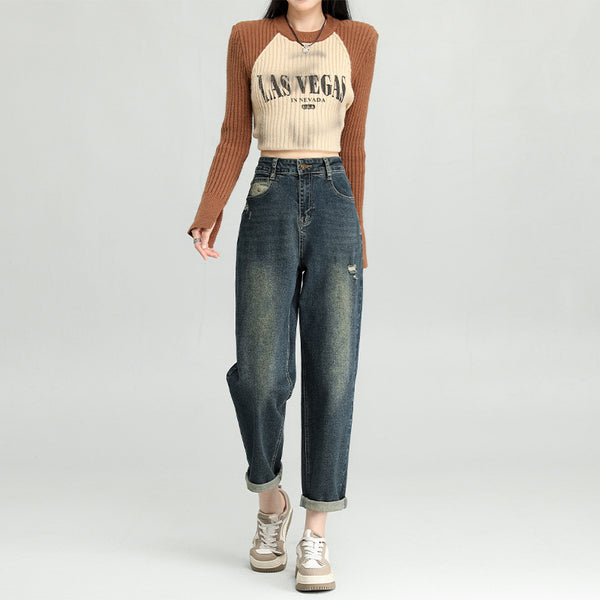 Water Washed Hole Harem Jeans Women