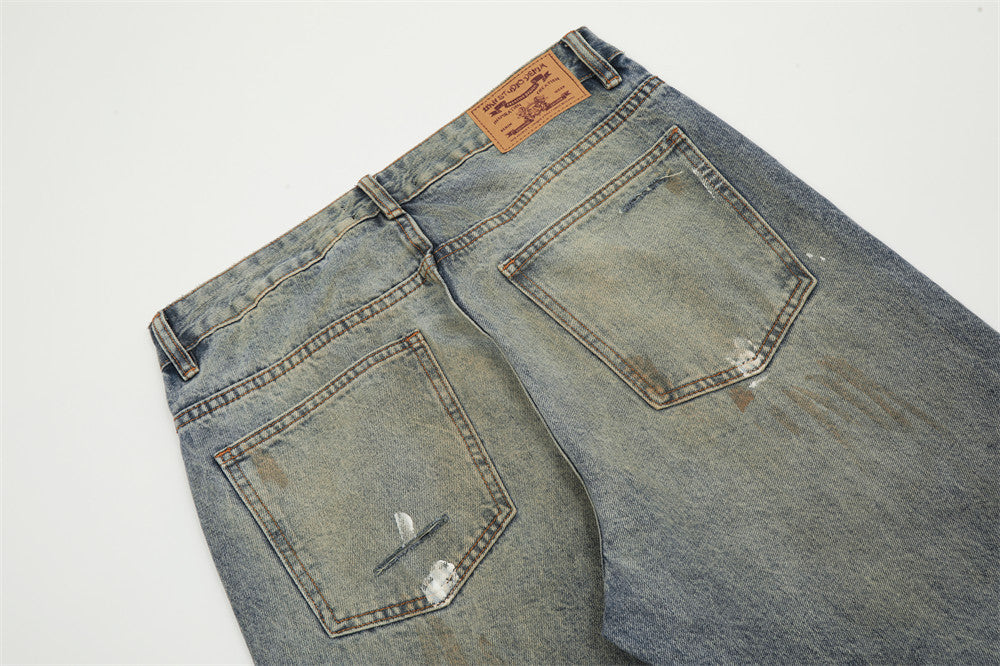 Yellow Mud Dyed Ripped Jeans For Men