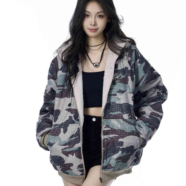 American Vintage Army Green Camouflage Fur Collar Hood Jacket