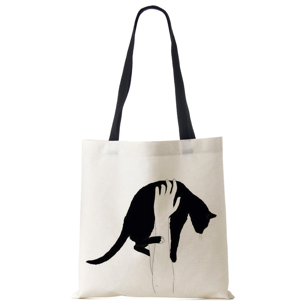 Black Cat Printed Linen Handbag