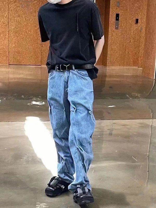 Retro Street Hip Hop Style Irregular Pleated Jeans