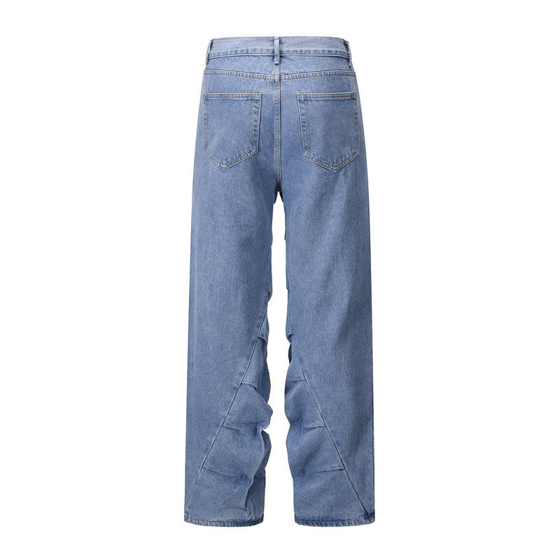 Retro Street Hip Hop Style Irregular Pleated Jeans