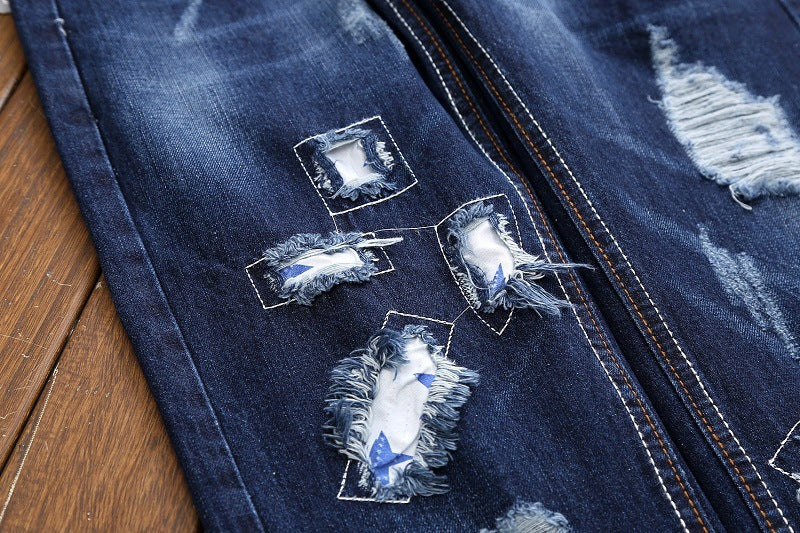 Embroidered Jeans Men's Straight Ripped Patch Men's Pants