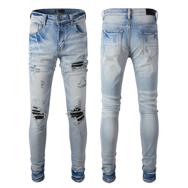 High Street Fashion Brand Light Blue Hole & Patch Stretch Slim Fit Skinny Jeans For Men