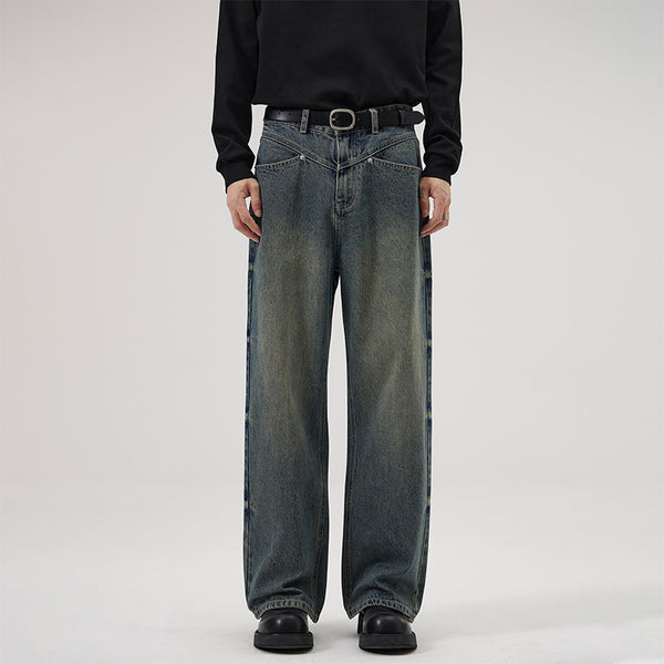 American Retro Washed Decorative Flower Jeans For Men