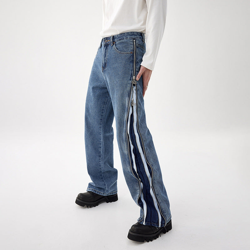 Side Zipper Split Jeans Straight Wide Leg Pants For Men