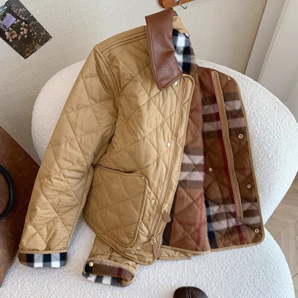 Retro Plaid Stitching Leather Lapel Cotton Coat Jacket Women