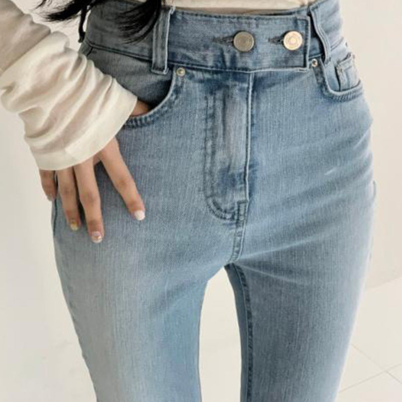 Spring Versatile High Waist Slimming Two-button Double Pocket Design Sense Slightly Flared Jeans Trousers For Women