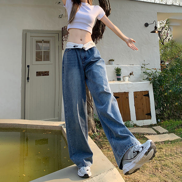 Niche Retro High Waist Flip All-match Draping Loose Straight Jeans For Women