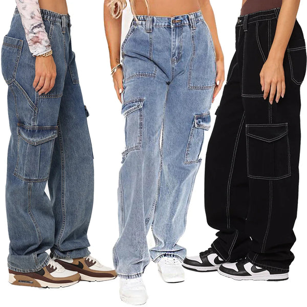 2023 Wholesale Casual High Waist Classic pocket Trousers Wide Leg Pant Denim Women's Jeans baggy jeans cargo pants jeans women
