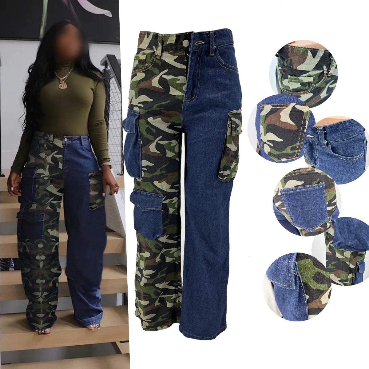 6799 Spring 2024 New Women's Denim Trousers Jeans Patchwork Camo Printed 3d Pocket Plus Size Denim Cargo Pants For Women