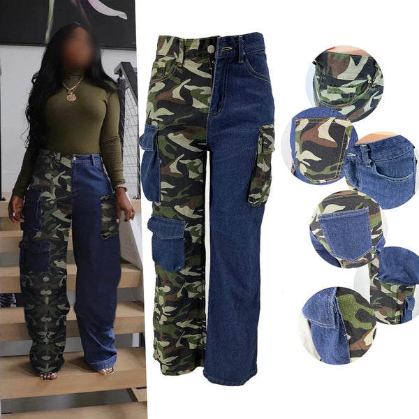 6799 Spring 2024 New Women's Denim Trousers Jeans Patchwork Camo Printed 3d Pocket Plus Size Denim Cargo Pants For Women