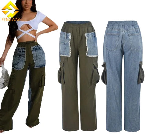 2024 New Fashion  Y2k Pants Women's Jeans Washed Blue Patchwork Big Pockets Denim Long Straight Pants Casual Jeans For Women