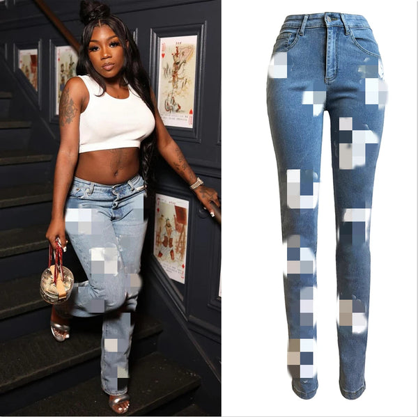 2024 New Arrival Trendy Brand Streetwear Ladies Elasticity Denim Pant Cotton High Waist Snowflake Print Straight Jeans Women