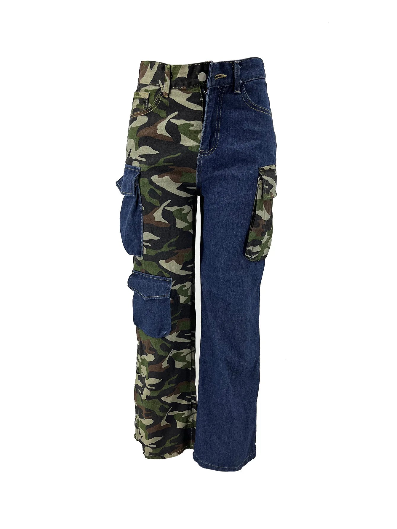 6799 Spring 2024 New Women's Denim Trousers Jeans Patchwork Camo Printed 3d Pocket Plus Size Denim Cargo Pants For Women